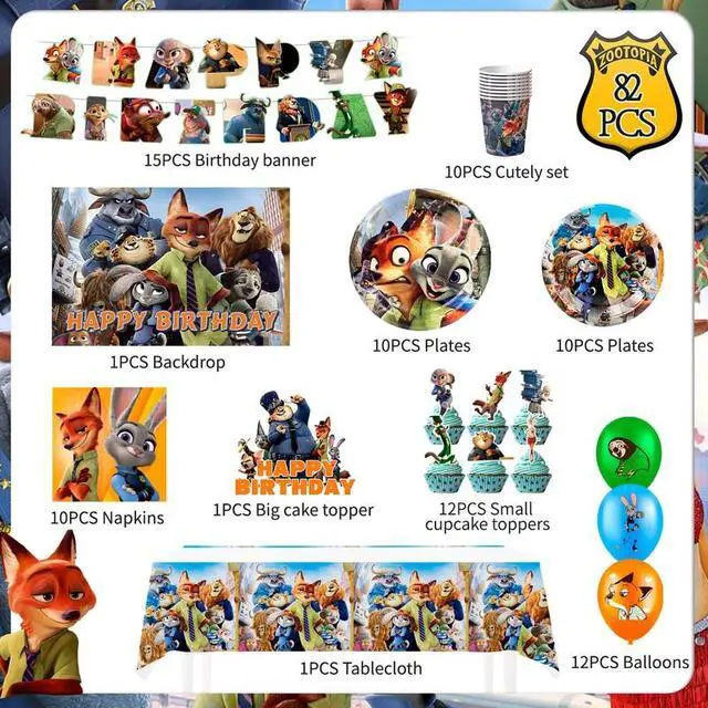 Alt view image 2 of 7 - Zootopia Birthday Party Supplies, 112 Pcs Zootopia Birthday Decorations & Zootopia Party Tableware Set - Zootopia Birthday Plates Tablecloth Banners etc Zootopia Party Decorations for Kids