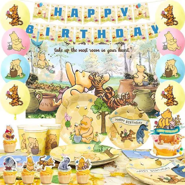Main image of 112 Pcs Vintage Winnie the Pooh Party Decorations & Tableware Set - Balloons Backdrop Banners Cups Cake Toppers Napkins etc Vintage Winnie the Pooh Birthday Party Supplies