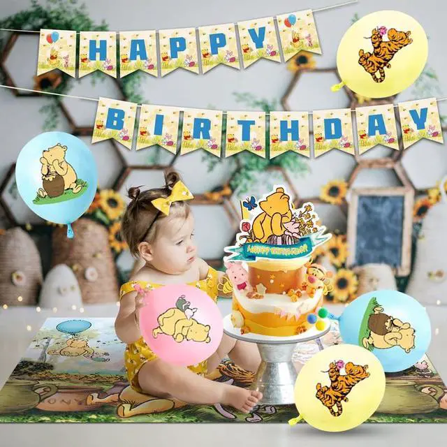 Alt view image 3 of 7 - 112 Pcs Vintage Winnie the Pooh Party Decorations & Tableware Set - Balloons Backdrop Banners Cups Cake Toppers Napkins etc Vintage Winnie the Pooh Birthday Party Supplies