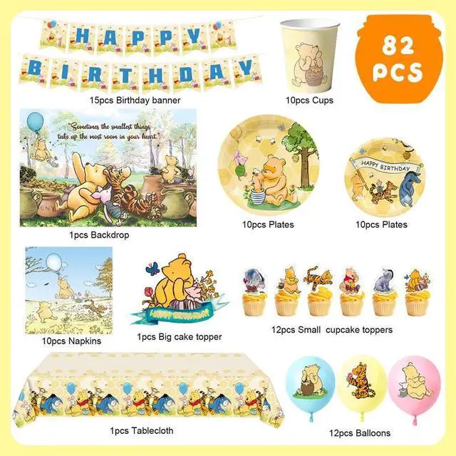 Alt view image 2 of 7 - 112 Pcs Vintage Winnie the Pooh Party Decorations & Tableware Set - Balloons Backdrop Banners Cups Cake Toppers Napkins etc Vintage Winnie the Pooh Birthday Party Supplies