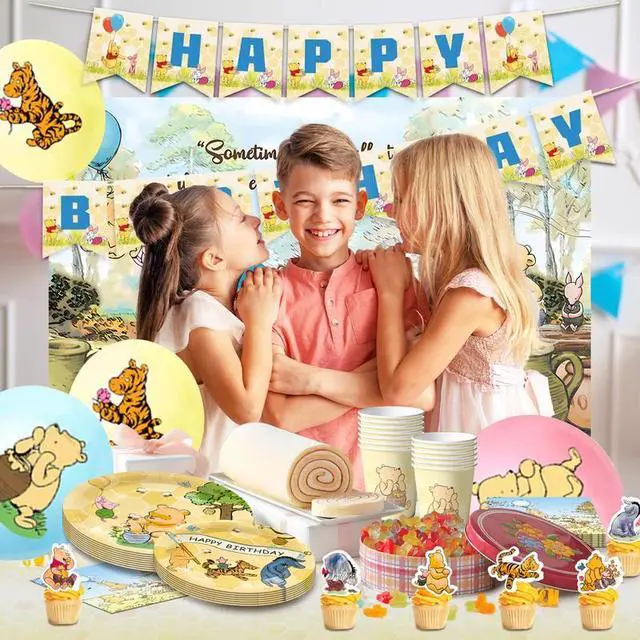 Alt view image 4 of 7 - 112 Pcs Vintage Winnie the Pooh Party Decorations & Tableware Set - Balloons Backdrop Banners Cups Cake Toppers Napkins etc Vintage Winnie the Pooh Birthday Party Supplies