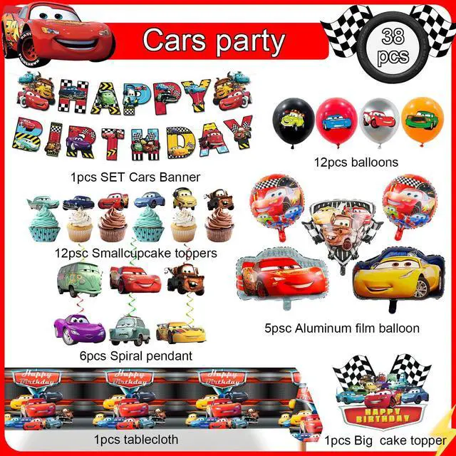 Alt view image 2 of 7 - Lightning McQueen Birthday Party Supplies, 38 Pcs Car Party Decorations Set - Cars Birthday Decorations Banner Tablecloth & Cars Balloons Cake Topper etc Lightning McQueen Party Supplies