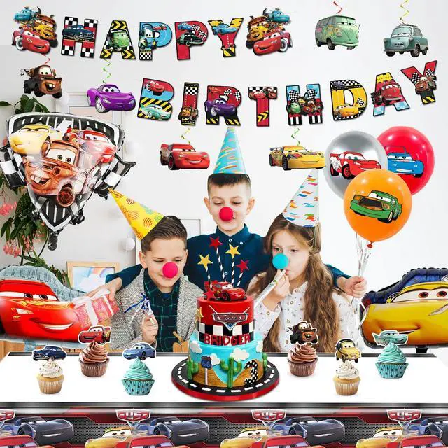 Alt view image 5 of 7 - Lightning McQueen Birthday Party Supplies, 38 Pcs Car Party Decorations Set - Cars Birthday Decorations Banner Tablecloth & Cars Balloons Cake Topper etc Lightning McQueen Party Supplies