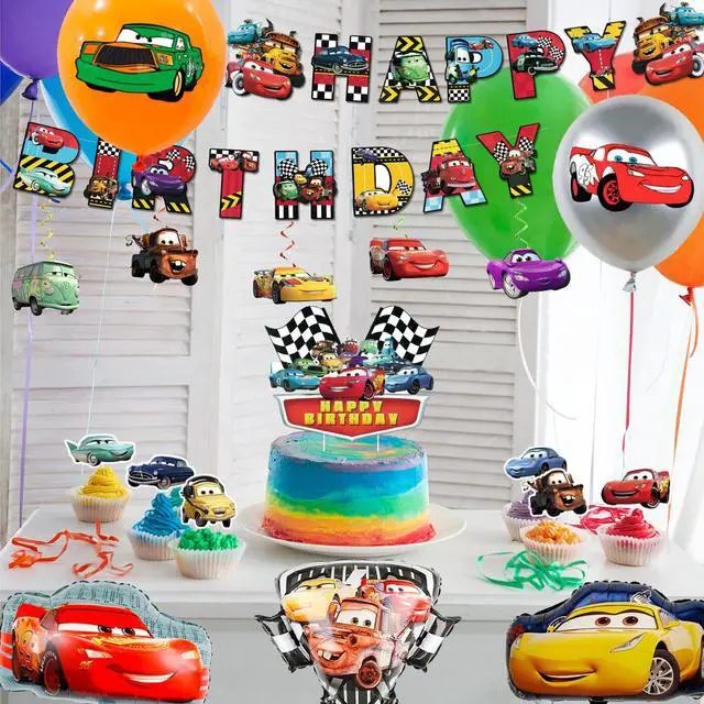 Alt view image 4 of 7 - Lightning McQueen Birthday Party Supplies, 38 Pcs Car Party Decorations Set - Cars Birthday Decorations Banner Tablecloth & Cars Balloons Cake Topper etc Lightning McQueen Party Supplies