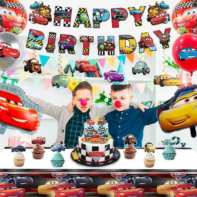 Alt view image 6 of 7 - Lightning McQueen Birthday Party Supplies, 38 Pcs Car Party Decorations Set - Cars Birthday Decorations Banner Tablecloth & Cars Balloons Cake Topper etc Lightning McQueen Party Supplies