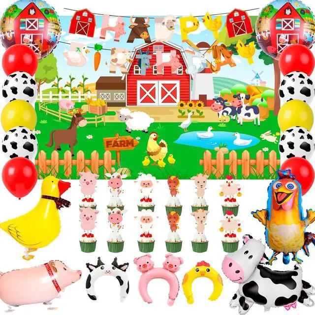 Main image of Farm Animal Birthday Decorations, 49 Pcs Farm Party Decorations Set Including Farm Animal Balloons Backdrop Cupcake Toppers Head Hoop etc Farm Birthday Decorations Supplies for Girls/Boys Kids