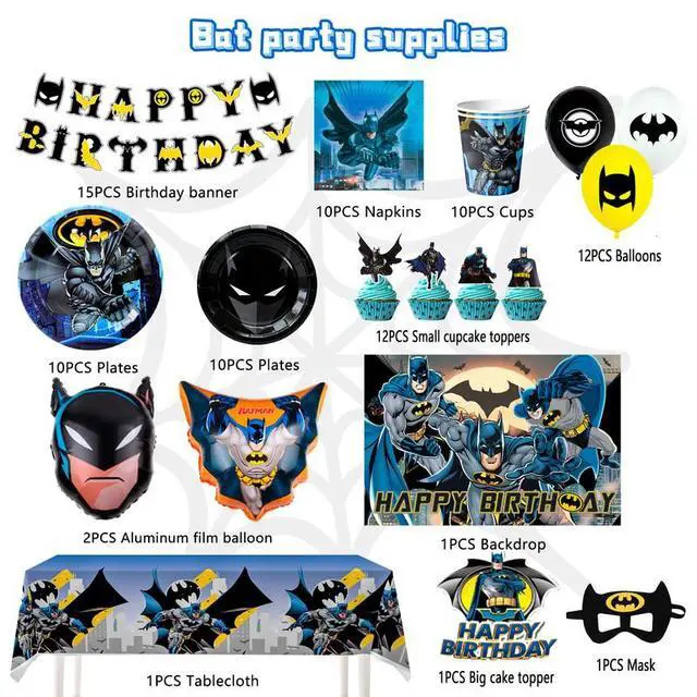 Alt view image 2 of 7 - Batman Party Decorations,115pcs Batman Birthday Decorations & Batman Party Tableware Set- Batman Decorations Balloons Banner & Batman Tablecloth Plates Cups Napkins etc Batman Birthday Party Supplies