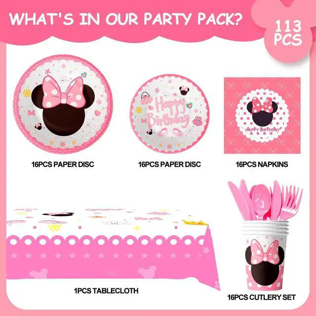Alt view image 2 of 7 - Minnie Mouse Party Supplies, 113 Ppcs Minnie Mouse Tableware Set - Minnie Mouse Plates and Napkins Cups & Minnie Mouse Table cloth etc Minnie Mouse Birthday Party Supplies for Girls