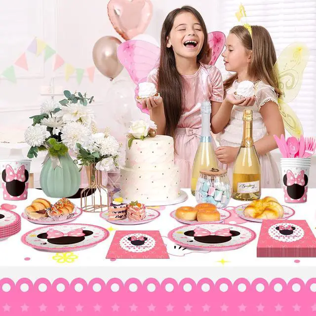 Alt view image 5 of 7 - Minnie Mouse Party Supplies, 113 Ppcs Minnie Mouse Tableware Set - Minnie Mouse Plates and Napkins Cups & Minnie Mouse Table cloth etc Minnie Mouse Birthday Party Supplies for Girls