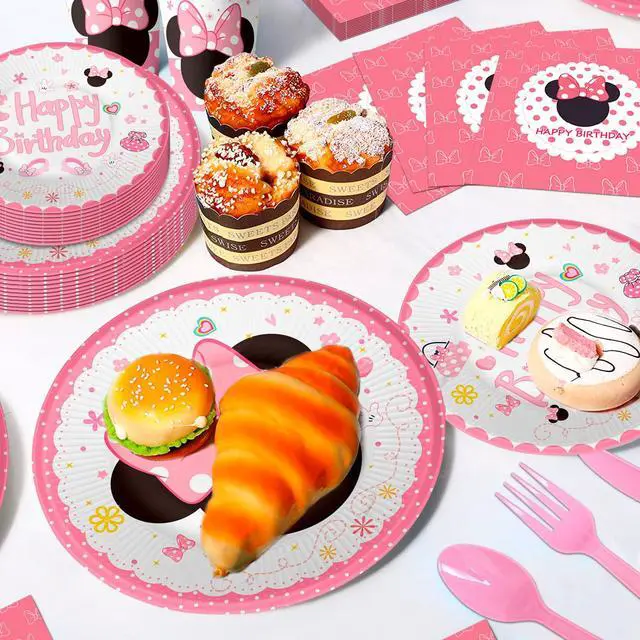 Alt view image 3 of 7 - Minnie Mouse Party Supplies, 113 Ppcs Minnie Mouse Tableware Set - Minnie Mouse Plates and Napkins Cups & Minnie Mouse Table cloth etc Minnie Mouse Birthday Party Supplies for Girls