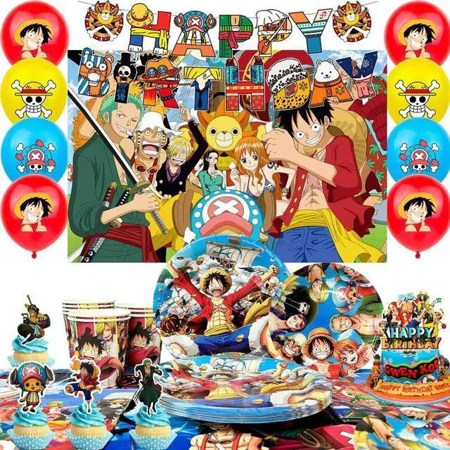 Main image of One Piece Birthday Decorations for Kids,112pcs One Piece Party Decorations&One Piece Party Tableware Set- One Piece Anime Birthday Banner Balloons Plates Napkins etc One Piece Birthday Party Supplies