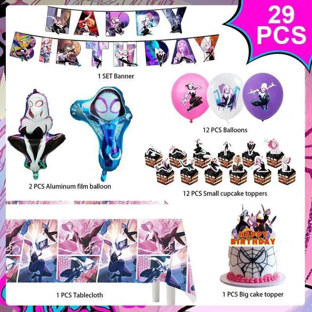 Alt view image 2 of 7 - Spider Gwen Party Decorations, 29 Pcs Spider Gwen Decorations Set - Spider Gwen Balloons Banners & Spider Gwen Party Tablecloth Cake Toppers etc Spider Gwen Party Supplies for Girls/Boys
