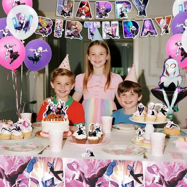 Alt view image 5 of 7 - Spider Gwen Party Decorations, 29 Pcs Spider Gwen Decorations Set - Spider Gwen Balloons Banners & Spider Gwen Party Tablecloth Cake Toppers etc Spider Gwen Party Supplies for Girls/Boys