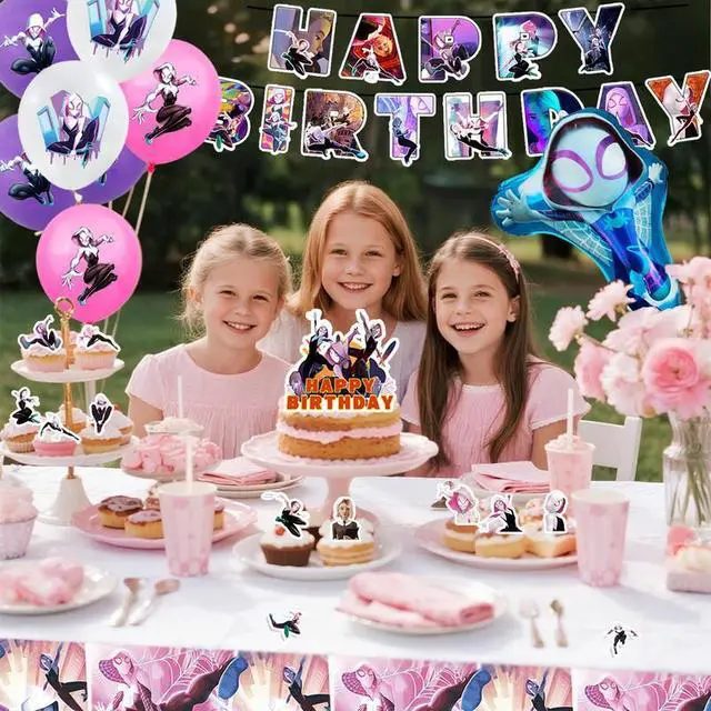 Alt view image 3 of 7 - Spider Gwen Party Decorations, 29 Pcs Spider Gwen Decorations Set - Spider Gwen Balloons Banners & Spider Gwen Party Tablecloth Cake Toppers etc Spider Gwen Party Supplies for Girls/Boys