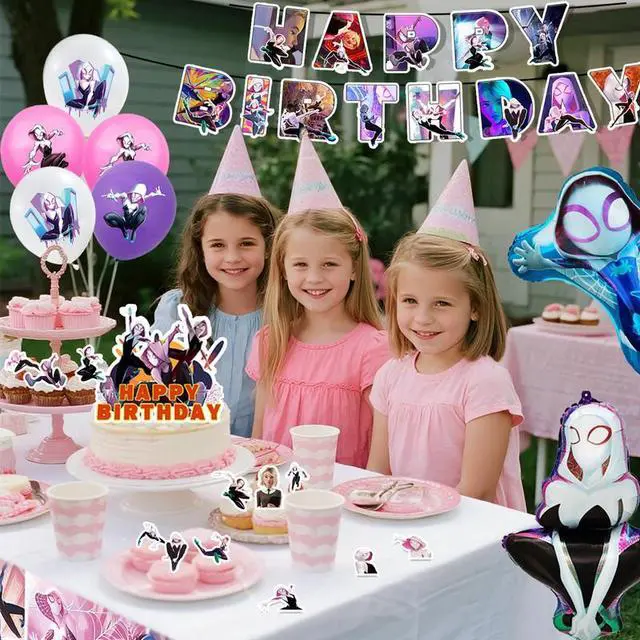 Alt view image 4 of 7 - Spider Gwen Party Decorations, 29 Pcs Spider Gwen Decorations Set - Spider Gwen Balloons Banners & Spider Gwen Party Tablecloth Cake Toppers etc Spider Gwen Party Supplies for Girls/Boys