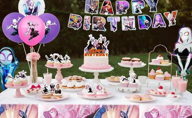 Alt view image 7 of 7 - Spider Gwen Party Decorations, 29 Pcs Spider Gwen Decorations Set - Spider Gwen Balloons Banners & Spider Gwen Party Tablecloth Cake Toppers etc Spider Gwen Party Supplies for Girls/Boys