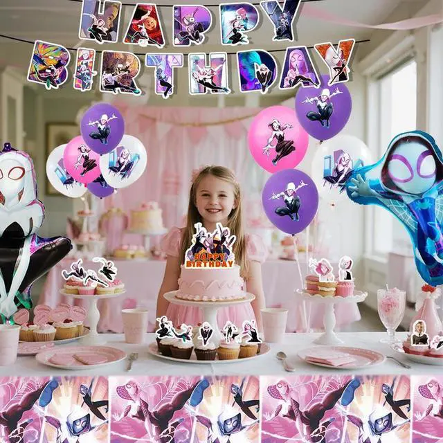 Alt view image 6 of 7 - Spider Gwen Party Decorations, 29 Pcs Spider Gwen Decorations Set - Spider Gwen Balloons Banners & Spider Gwen Party Tablecloth Cake Toppers etc Spider Gwen Party Supplies for Girls/Boys