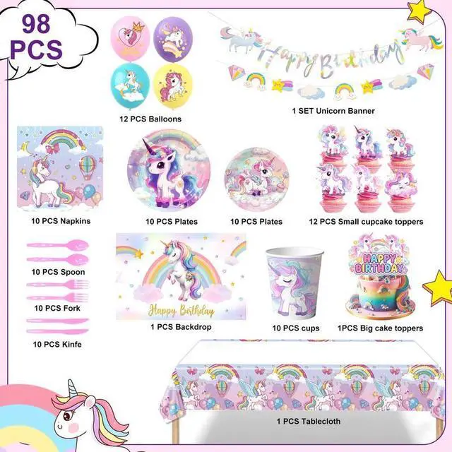 Alt view image 2 of 7 - Unicorn Birthday Decorations, 98 Pcs Unicorn Birthday Party Decorations Tableware Set - Unicorn Party Plates Tablecloth Napkins Balloons Cake Toppers etc Unicorn Party Supplies