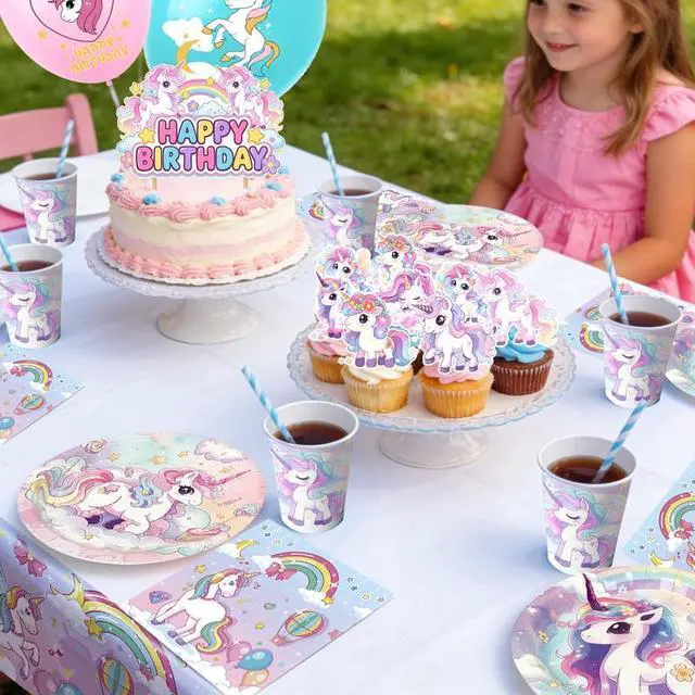 Alt view image 5 of 7 - Unicorn Birthday Decorations, 98 Pcs Unicorn Birthday Party Decorations Tableware Set - Unicorn Party Plates Tablecloth Napkins Balloons Cake Toppers etc Unicorn Party Supplies