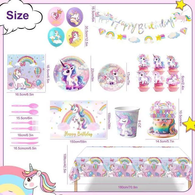 Alt view image 7 of 7 - Unicorn Birthday Decorations, 98 Pcs Unicorn Birthday Party Decorations Tableware Set - Unicorn Party Plates Tablecloth Napkins Balloons Cake Toppers etc Unicorn Party Supplies
