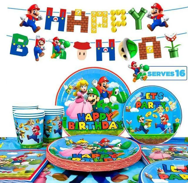 Main image of Super Mario Birthday Party Supplies, 128 Pcs Super Mario Tableware Party Supplies - Mario Party Plates Napkins Cups Tablecloth&Banner for Boys/Girls Kids Mario Theme Birthday Party Decorations