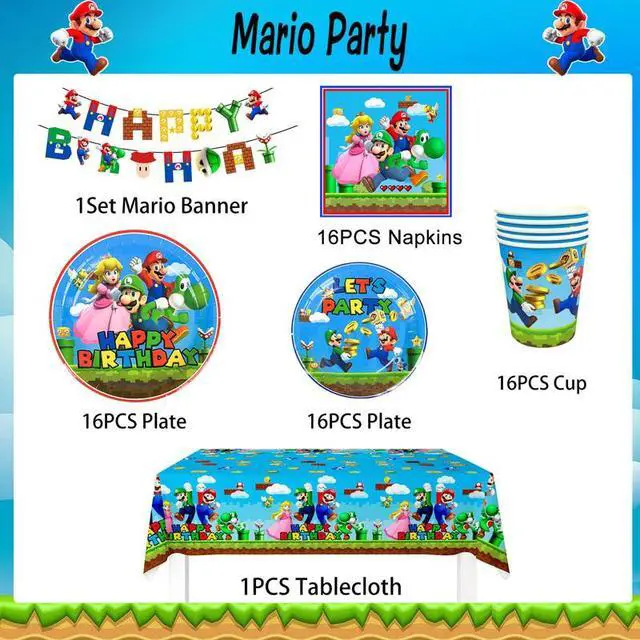Alt view image 2 of 7 - Super Mario Birthday Party Supplies, 128 Pcs Super Mario Tableware Party Supplies - Mario Party Plates Napkins Cups Tablecloth&Banner for Boys/Girls Kids Mario Theme Birthday Party Decorations