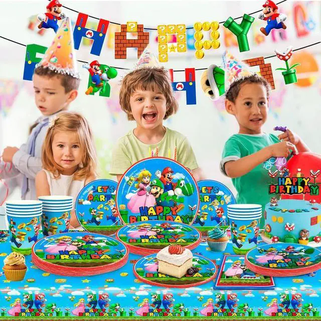 Alt view image 5 of 7 - Super Mario Birthday Party Supplies, 128 Pcs Super Mario Tableware Party Supplies - Mario Party Plates Napkins Cups Tablecloth&Banner for Boys/Girls Kids Mario Theme Birthday Party Decorations