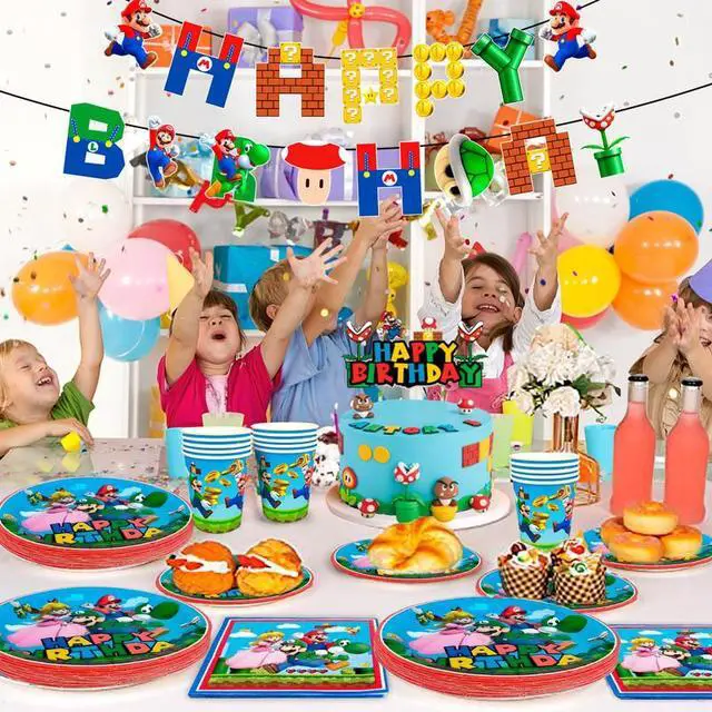 Alt view image 6 of 7 - Super Mario Birthday Party Supplies, 128 Pcs Super Mario Tableware Party Supplies - Mario Party Plates Napkins Cups Tablecloth&Banner for Boys/Girls Kids Mario Theme Birthday Party Decorations