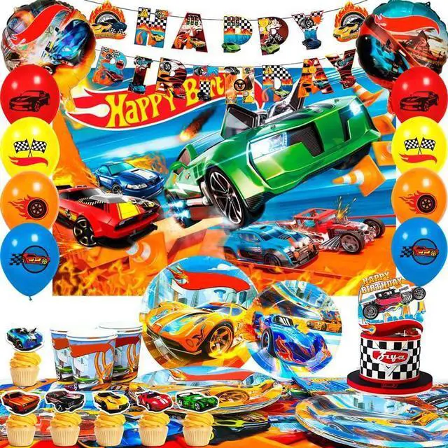 Main image of Hot Wheels Birthday Decorations, 114 Pcs Hot Wheels Birthday Party Decorations & Tableware Set - Hot Wheels Party Plates Tablecloth Napkins Balloons Cake Toppers etc Hot Wheels Party Supplies