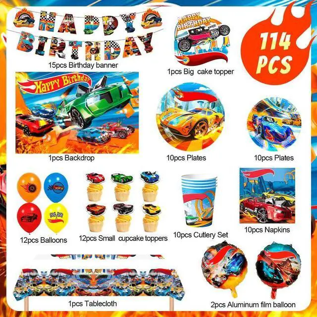 Alt view image 2 of 7 - Hot Wheels Birthday Decorations, 114 Pcs Hot Wheels Birthday Party Decorations & Tableware Set - Hot Wheels Party Plates Tablecloth Napkins Balloons Cake Toppers etc Hot Wheels Party Supplies