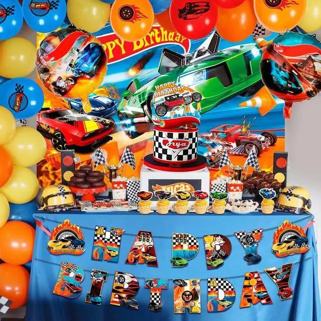 Alt view image 3 of 7 - Hot Wheels Birthday Decorations, 114 Pcs Hot Wheels Birthday Party Decorations & Tableware Set - Hot Wheels Party Plates Tablecloth Napkins Balloons Cake Toppers etc Hot Wheels Party Supplies