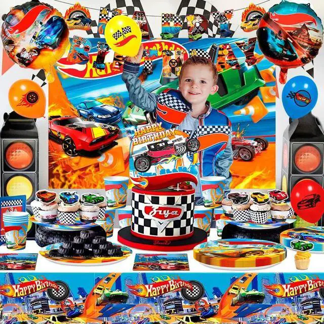 Alt view image 4 of 7 - Hot Wheels Birthday Decorations, 114 Pcs Hot Wheels Birthday Party Decorations & Tableware Set - Hot Wheels Party Plates Tablecloth Napkins Balloons Cake Toppers etc Hot Wheels Party Supplies