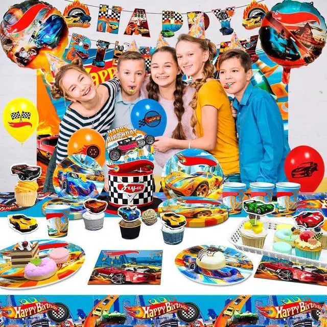Alt view image 5 of 7 - Hot Wheels Birthday Decorations, 114 Pcs Hot Wheels Birthday Party Decorations & Tableware Set - Hot Wheels Party Plates Tablecloth Napkins Balloons Cake Toppers etc Hot Wheels Party Supplies