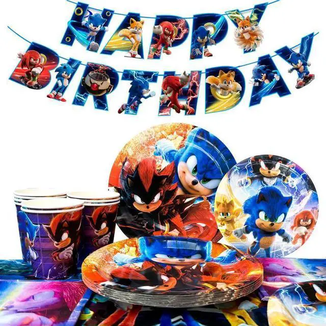 Main image of 118 Pcs Sonic Birthday Party Decorations & Tableware Set - Sonic Tablecloth Banner Plates Napkins Cups etc Sonic Birthday Party Decorations for Sonic Party Supplies