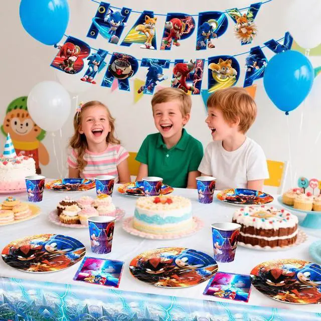 Alt view image 4 of 7 - 118 Pcs Sonic Birthday Party Decorations & Tableware Set - Sonic Tablecloth Banner Plates Napkins Cups etc Sonic Birthday Party Decorations for Sonic Party Supplies