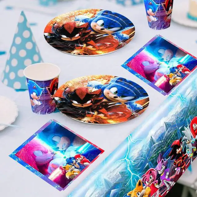 Alt view image 6 of 7 - 118 Pcs Sonic Birthday Party Decorations & Tableware Set - Sonic Tablecloth Banner Plates Napkins Cups etc Sonic Birthday Party Decorations for Sonic Party Supplies