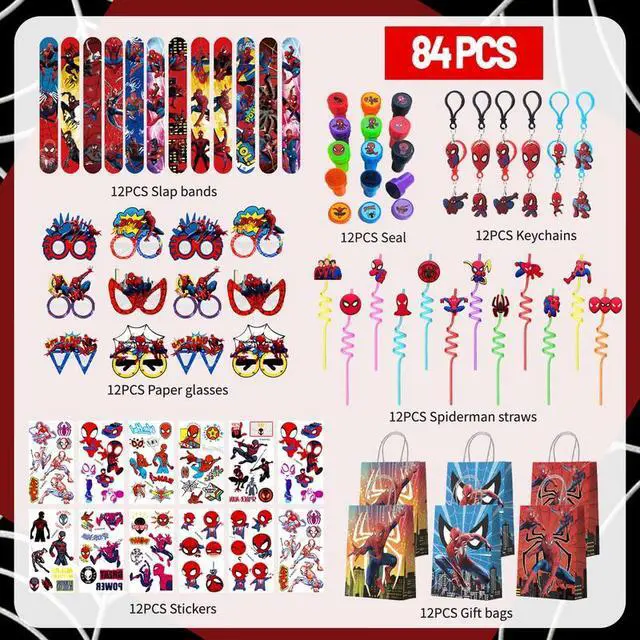 Alt view image 2 of 7 - 84 Pcs Spiderman Birthday Party Favors-Spiderman Goodie Bags Key Chains Stickers Straws Seal etc Spiderman Party Favors for Kids