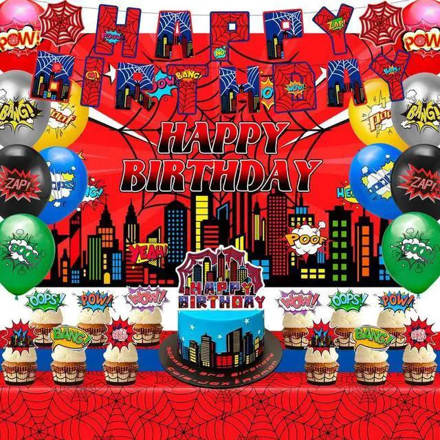 Main image of Spider Web Birthday Party Supplies, 48 Pcs Spider Themed Party Decorations Including Spider Web Banner Cupcake Toppers Balloons etc Cartoon Spider Web Party Decorations