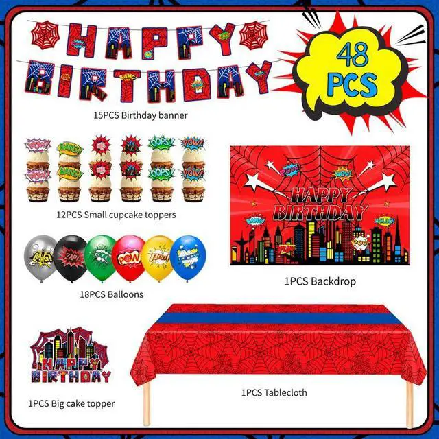 Alt view image 2 of 7 - Spider Web Birthday Party Supplies, 48 Pcs Spider Themed Party Decorations Including Spider Web Banner Cupcake Toppers Balloons etc Cartoon Spider Web Party Decorations
