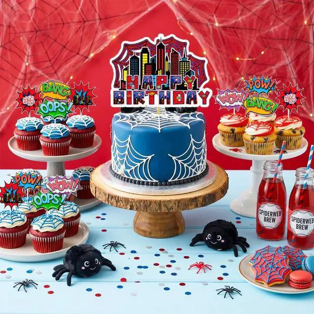 Alt view image 3 of 7 - Spider Web Birthday Party Supplies, 48 Pcs Spider Themed Party Decorations Including Spider Web Banner Cupcake Toppers Balloons etc Cartoon Spider Web Party Decorations