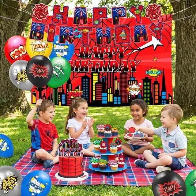 Alt view image 6 of 7 - Spider Web Birthday Party Supplies, 48 Pcs Spider Themed Party Decorations Including Spider Web Banner Cupcake Toppers Balloons etc Cartoon Spider Web Party Decorations