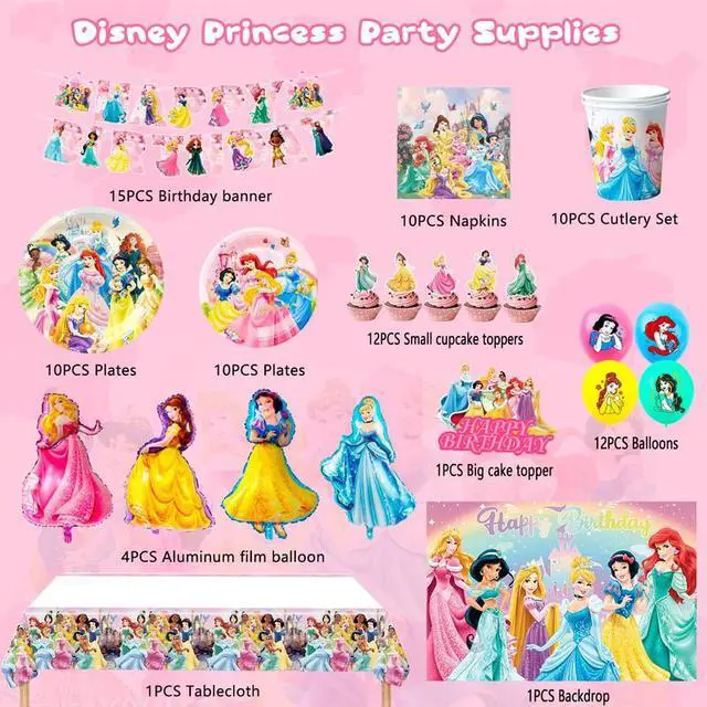 Alt view image 2 of 7 - Princess Birthday Party Supplies, 116 Pcs Princess Party Decorations & Tableware Set - Princess Party Plates Cups Tablecloth & Princess Balloons Banner Backdrop etc Princess Decorations for Birthday