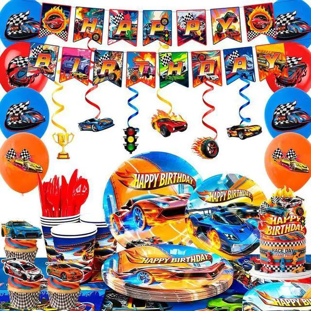 Main image of Hot Wheels Party Decorations, 159 Pcs Hot Wheels Birthday Party Decorations & Tableware Set - Hot Wheels Party Plates Tablecloth Napkins Balloons Cake Toppers etc Hot Wheels Birthday Supplies
