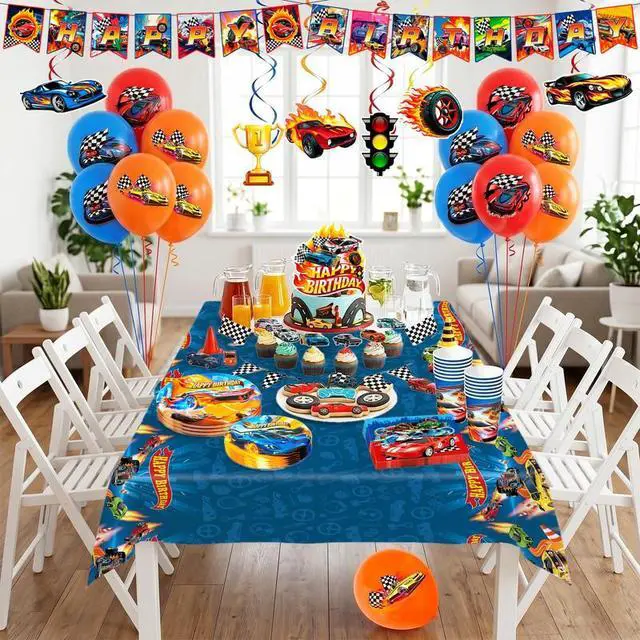Alt view image 5 of 7 - Hot Wheels Party Decorations, 159 Pcs Hot Wheels Birthday Party Decorations & Tableware Set - Hot Wheels Party Plates Tablecloth Napkins Balloons Cake Toppers etc Hot Wheels Birthday Supplies