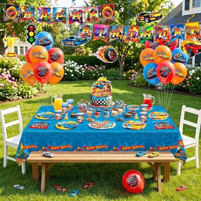 Alt view image 7 of 7 - Hot Wheels Party Decorations, 159 Pcs Hot Wheels Birthday Party Decorations & Tableware Set - Hot Wheels Party Plates Tablecloth Napkins Balloons Cake Toppers etc Hot Wheels Birthday Supplies