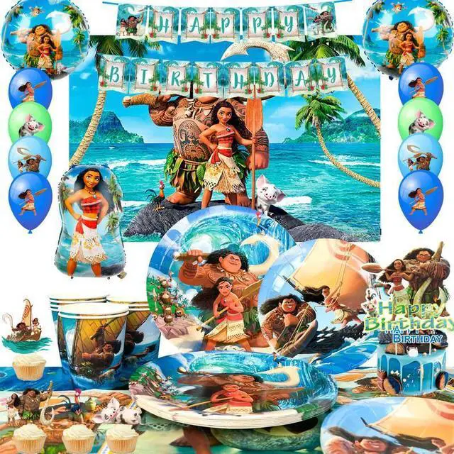 Main image of Moana Birthday Party Supplies, 115 Pcs Moana Party Decorations&Tableware Set-Moana Birthday Balloons Banner Backdrop Plates Napkins Table Cloth Cake Topper etc Moana Birthday Decorations Supplies