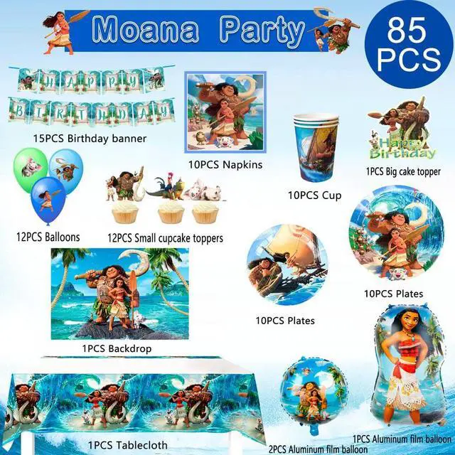 Alt view image 2 of 7 - Moana Birthday Party Supplies, 115 Pcs Moana Party Decorations&Tableware Set-Moana Birthday Balloons Banner Backdrop Plates Napkins Table Cloth Cake Topper etc Moana Birthday Decorations Supplies