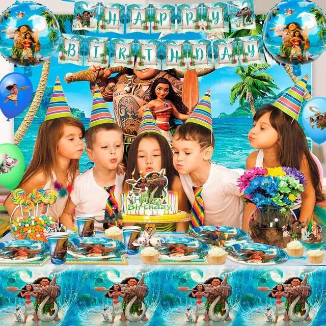 Alt view image 4 of 7 - Moana Birthday Party Supplies, 115 Pcs Moana Party Decorations&Tableware Set-Moana Birthday Balloons Banner Backdrop Plates Napkins Table Cloth Cake Topper etc Moana Birthday Decorations Supplies