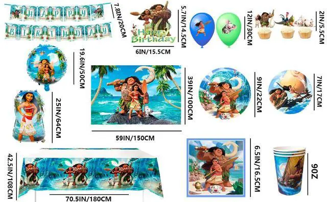 Alt view image 7 of 7 - Moana Birthday Party Supplies, 115 Pcs Moana Party Decorations&Tableware Set-Moana Birthday Balloons Banner Backdrop Plates Napkins Table Cloth Cake Topper etc Moana Birthday Decorations Supplies