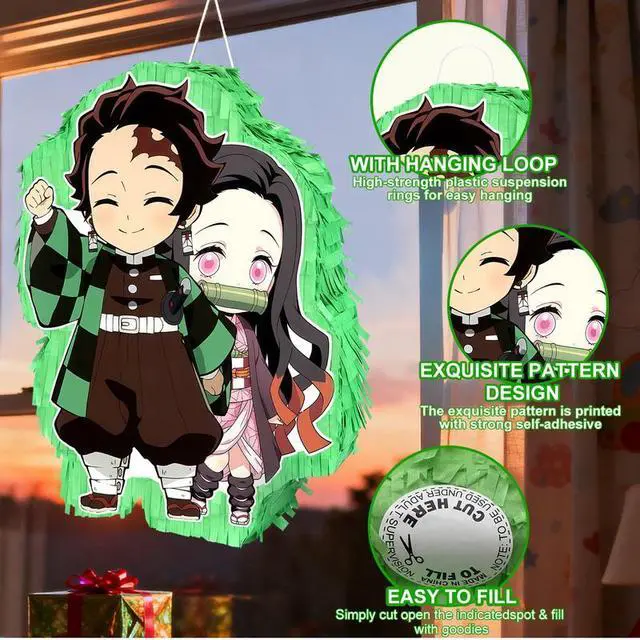 Alt view image 5 of 7 - 4 Pcs Demon Slayer Pinatas Bundle-Demon Slayer Party Piñata Blindfold&Pinata Stick etc Demon Slayer Birthday Party Supplies